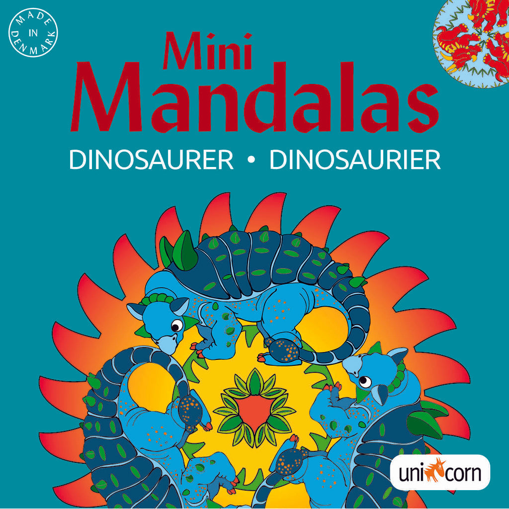 Mini Mandalas malebog med dinosaurer i forskellige farver