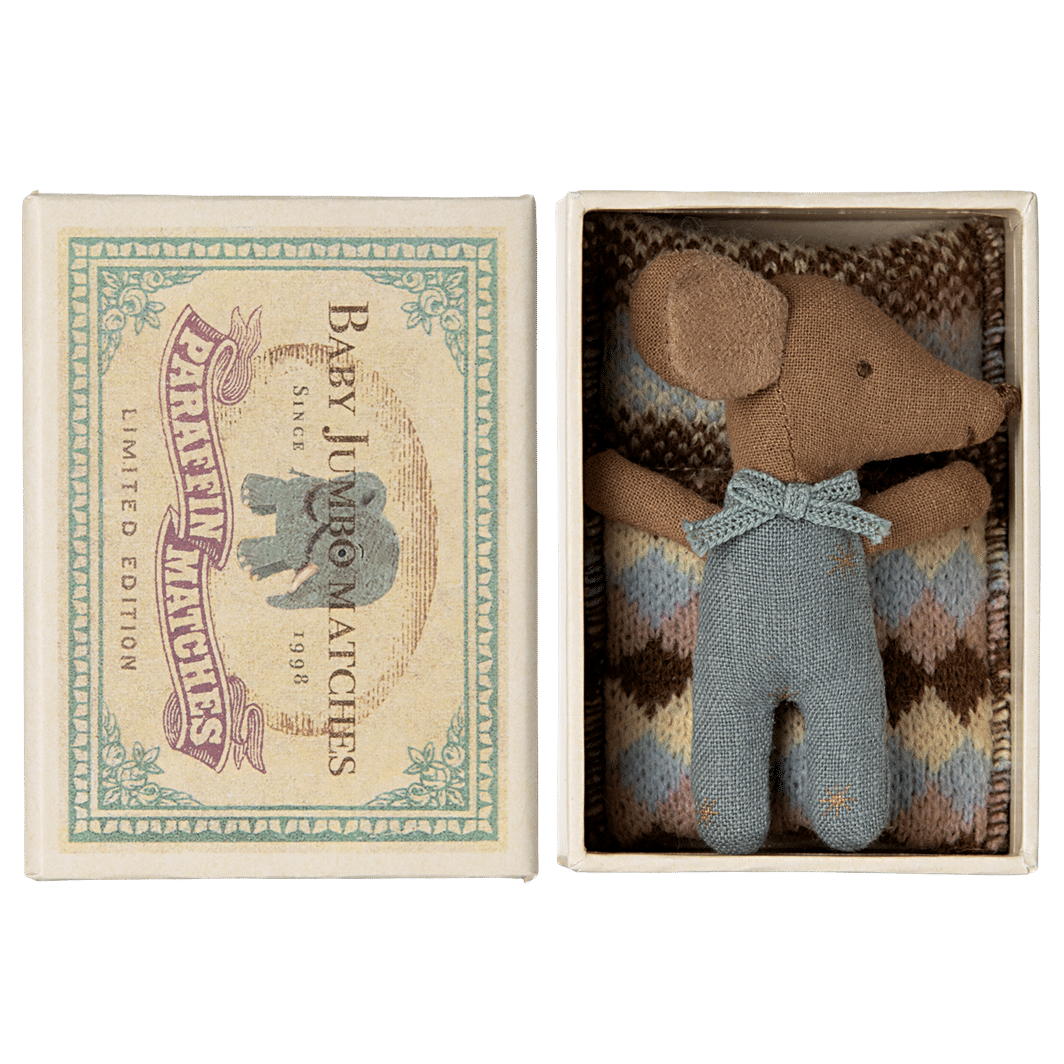 Maileg Sovende/våken babymus i fyrstikkeske - Blå