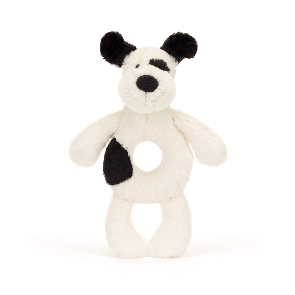 Baby Jellycat ringrangle, Hund, sort/krem - 15 cm