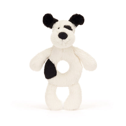 Baby Jellycat ringrangle, Hund, sort/krem - 15 cm