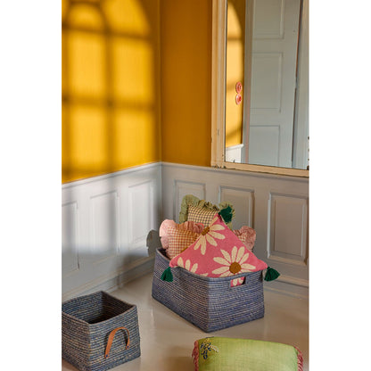 Rice kurv med håndtak, Ekstra stor, rektangulær raffia oppbevaringskurv - Blå