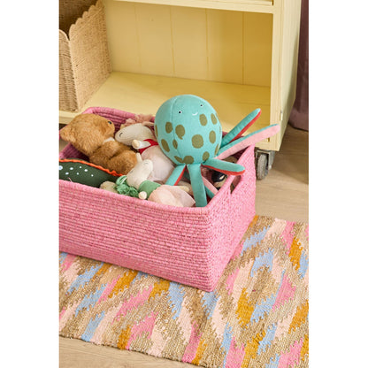 Rice kurv med håndtak, Ekstra stor, rektangulær raffia oppbevaringskurv - Pink