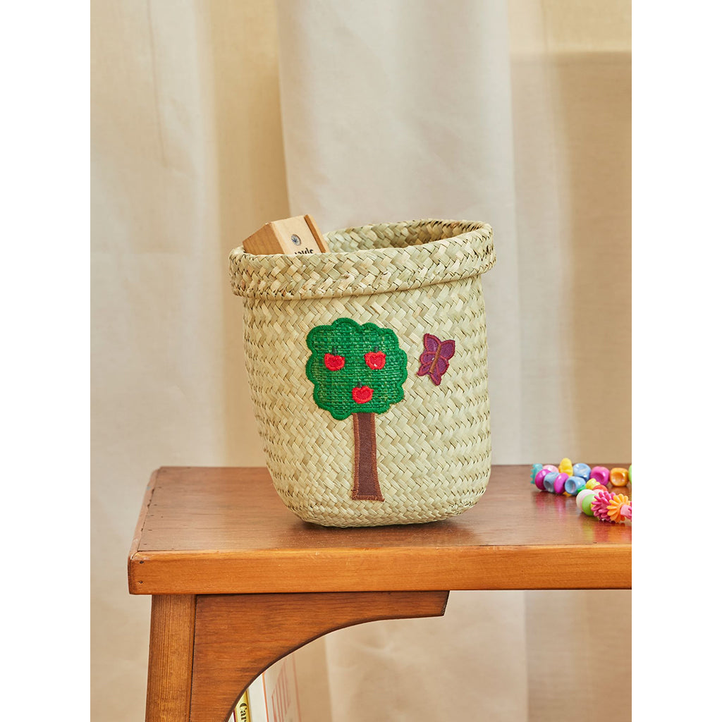 Rice kurv, liten rund raffia oppbevaringskurv, natur - happy forest