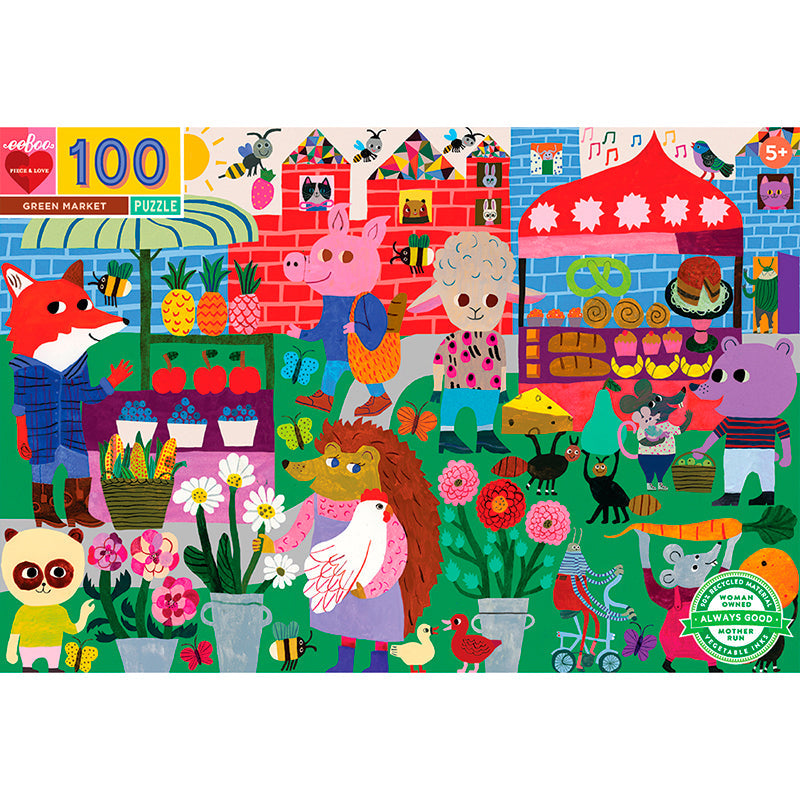 Eeboo puslespill, Med dyrene på marked - 100 brikker