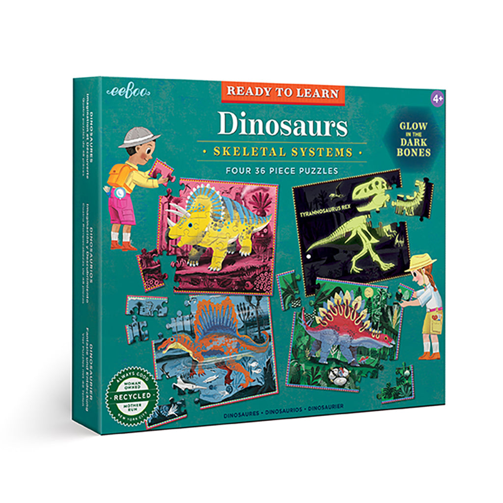 Eeboo 4 puslespil dinosaurer, lyser i mørke, hver 36 brikker