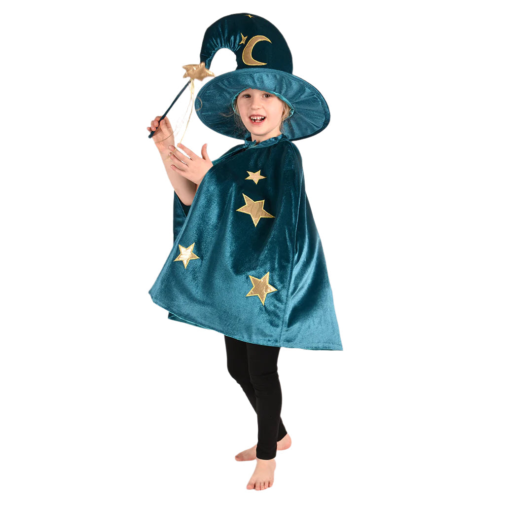Tryllekunstner kostume til børn turkis velour kappe hat og tryllestav