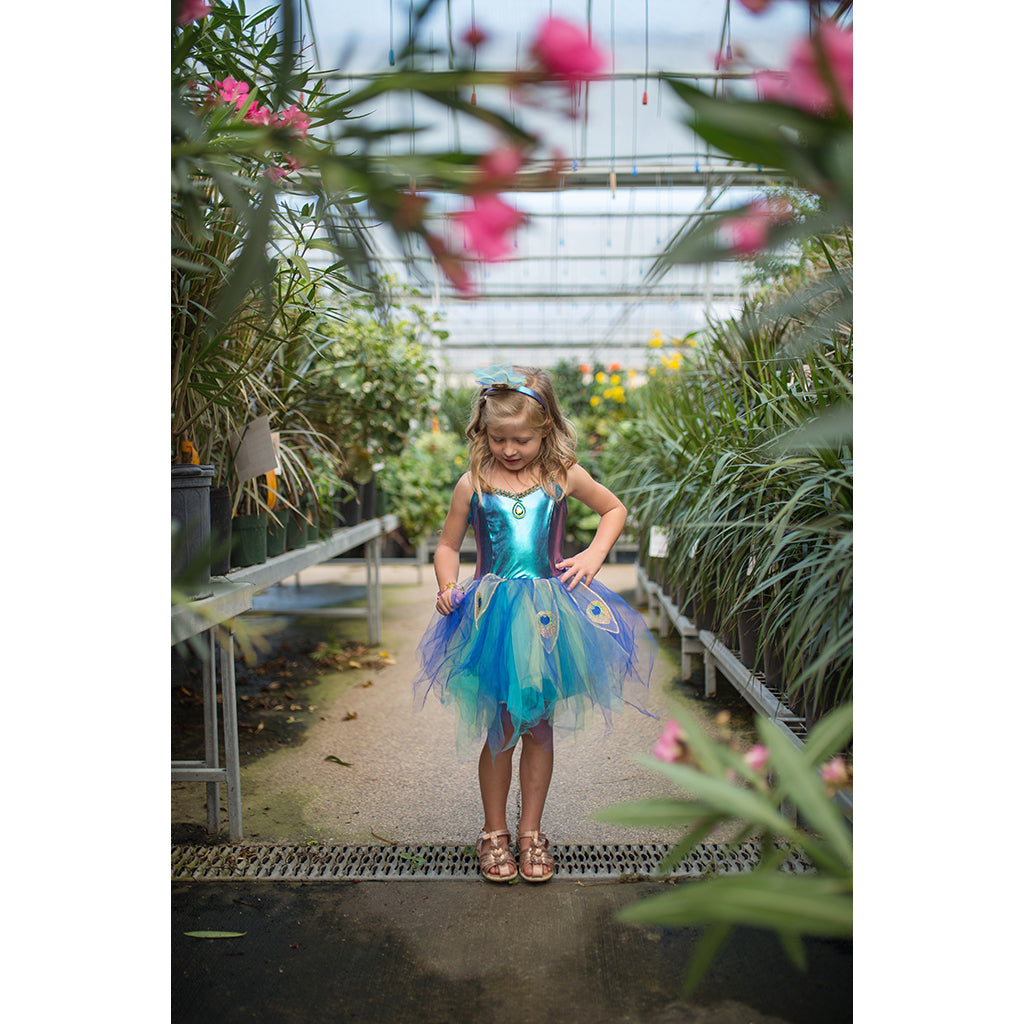 Great Pretenders utkledning, Påfugl kjole og hårbøyle - str. 4-6 år