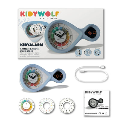 Kidyalarm vekkerklokke for barn med analog urskive og digital visning, Blå
