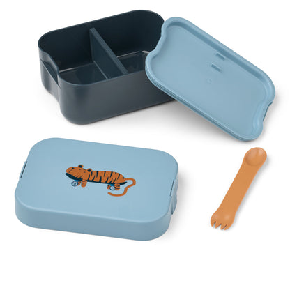 Liewood Kamil matboks med skje/gaffel, PP - Tiger/ Beach blue