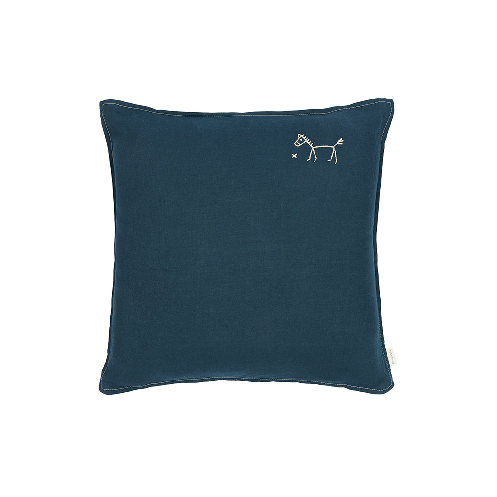 Nobodinoz brodert pute, 45 x 45 cm, vasket fransk lin - Deep blue