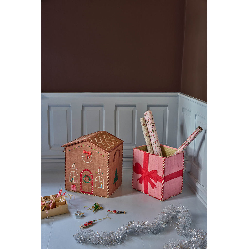 Rice julekurver i raffia, Gingerbread og gaveeske - sett med 2 stk.
