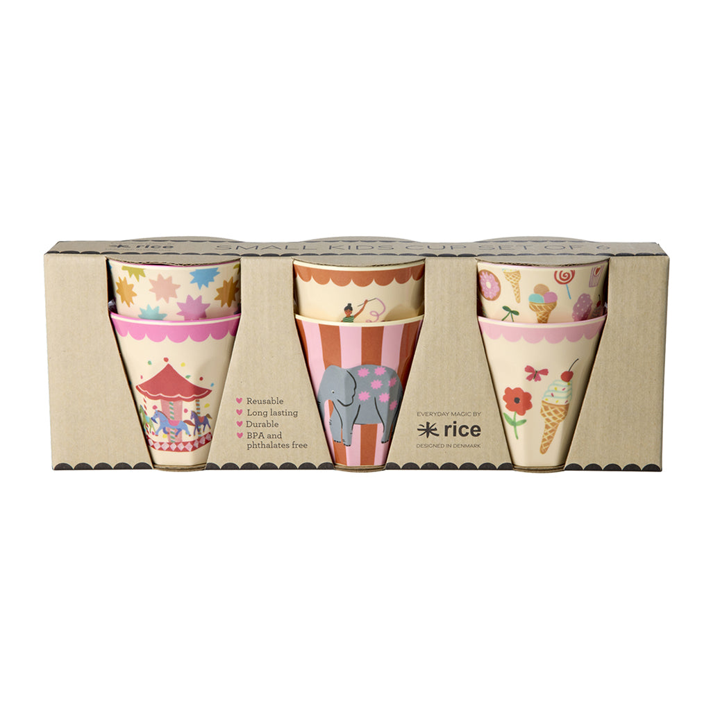 Rice melamin kopper, Fun Fair print, 6-pak, Small - Pink