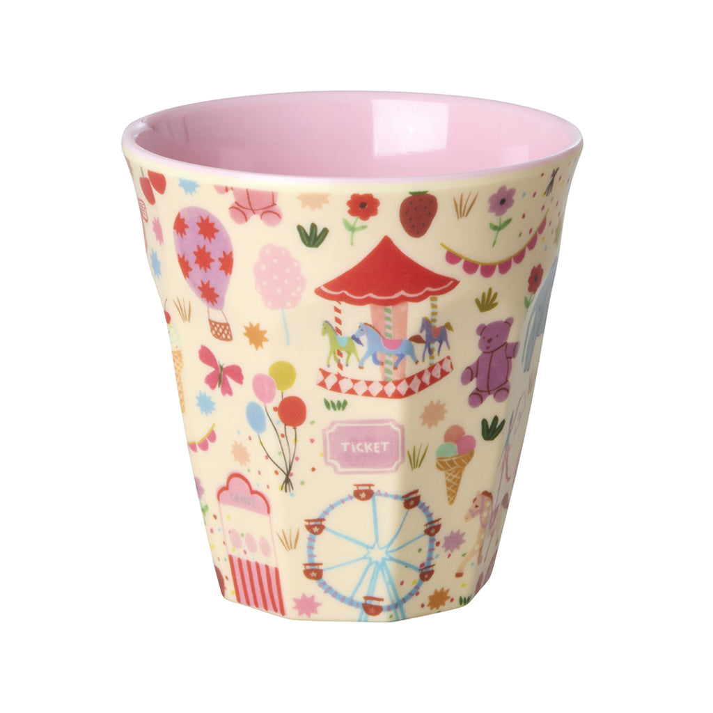 Rice melamin barnekopp, Medium, Fun fair print - Rosa