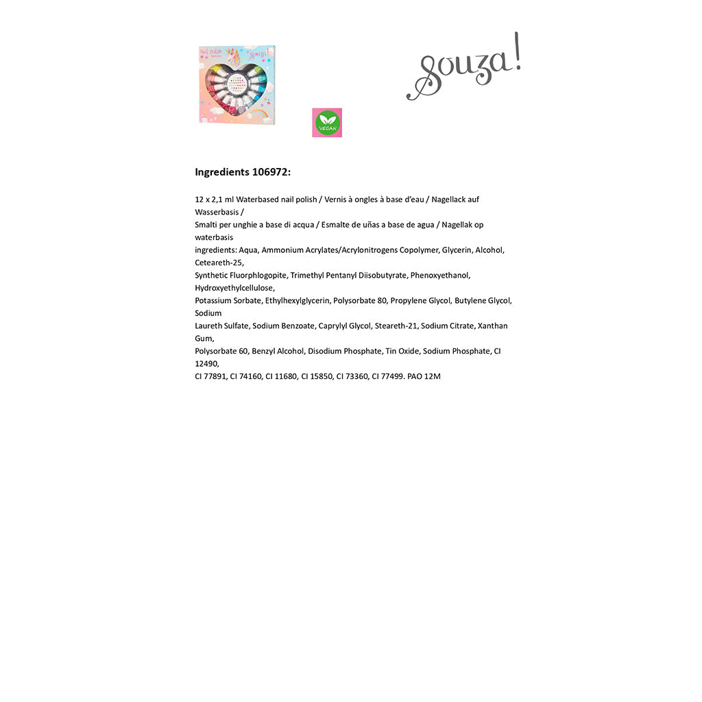 Souza neglelakksett for barn, 12 neglelakker + negleklistremerker