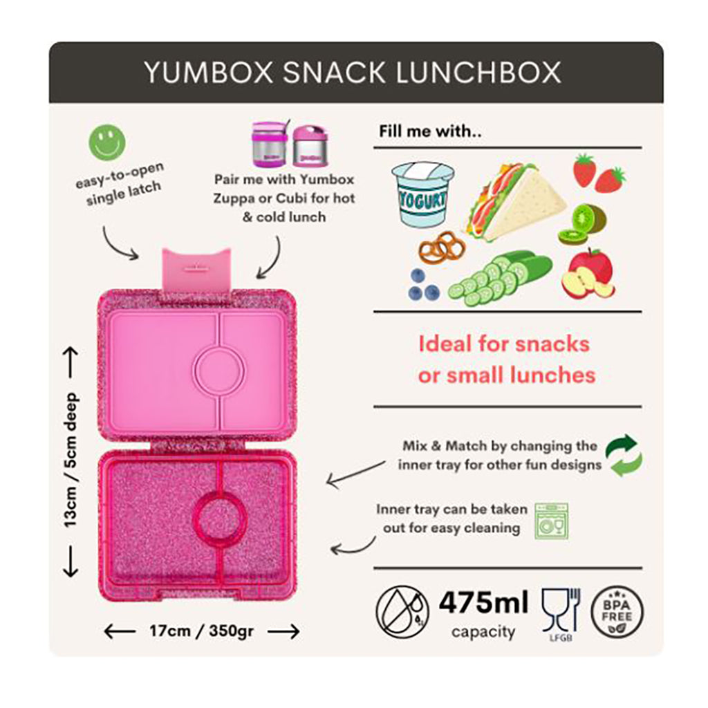 Yumbox matboks med 3 rom, Snack - Sparkle pink glitter/Pink clear