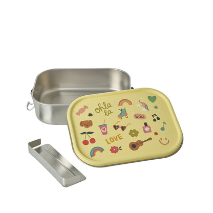 Rice matboks i rustfritt stål med skillevegg, stor - Soft yellow unicorn love print