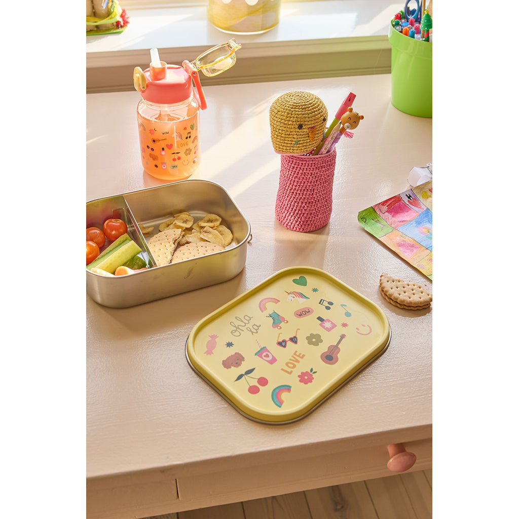 Rice matboks i rustfritt stål med skillevegg, stor - Soft yellow unicorn love print