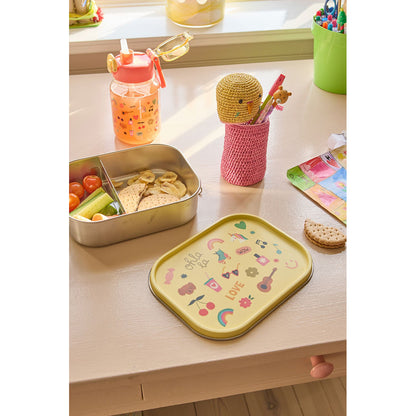 Rice matboks i rustfritt stål med skillevegg, stor - Soft yellow unicorn love print
