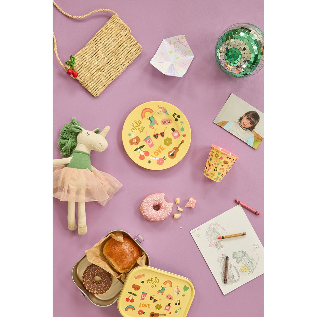 Rice matboks i rustfritt stål med skillevegg, stor - Soft yellow unicorn love print