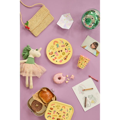 Rice matboks i rustfritt stål med skillevegg, stor - Soft yellow unicorn love print