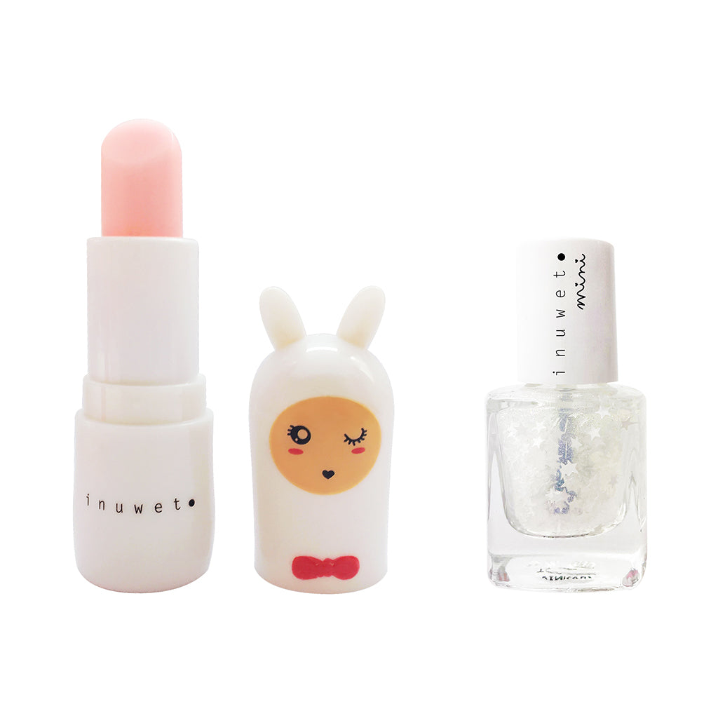 Inuwet Duo Aqua-sett, Leppepomade og Top Coat Stars Neglelakk for barn, White Candy