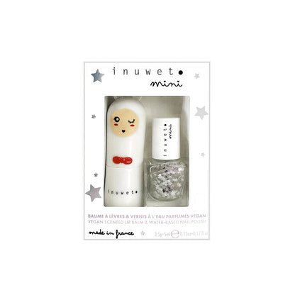Inuwet Duo Aqua-sett, Leppepomade og Top Coat Stars Neglelakk for barn, White Candy