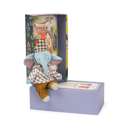 Moulin Roty tøjdyr elefant Pablo Les Minouchkas, med spids hat og skjorte
