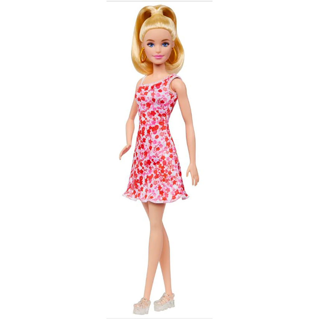 Barbie Fashionista dukke med blond hår, iført pink blomstret kjole