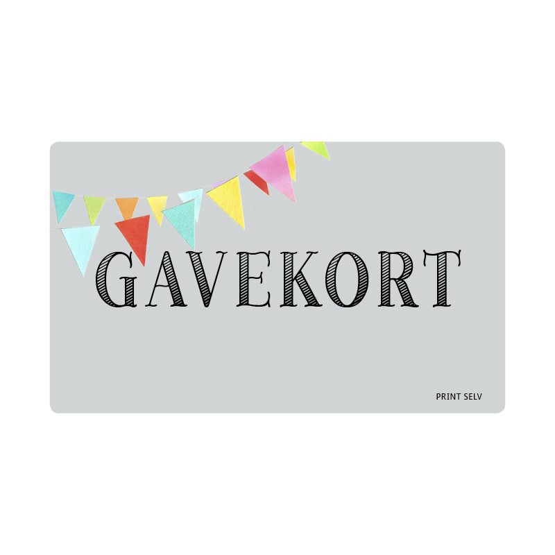 Billede af lysegråt gavekort med GAVEKORT tekst og festlige flag guirlande