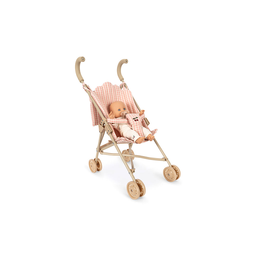 Konges Sløjd Poppy-dukkesett med dukke og dukkevogn, Pink check