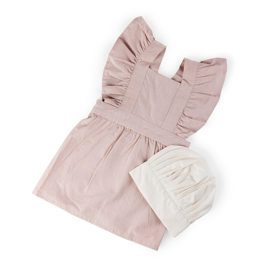 Sebra børneforklædesæt med kokkehue i dusty pink og classic white