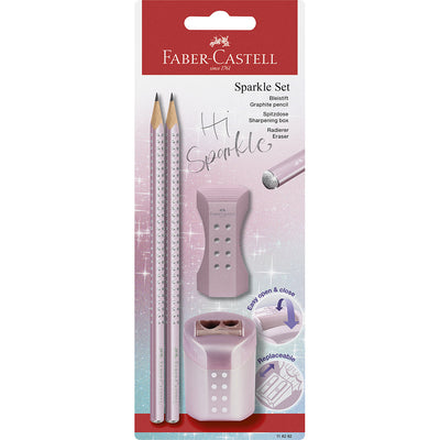 Faber-Castell 4-i-1 Hi Sparkle sett, blyanter, blyantspisser og viskelær - Rose