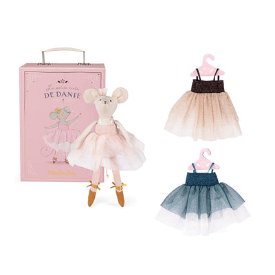 Moulin Roty dukke, ballerina-mus i koffert, 26 cm - Suzies garderobe