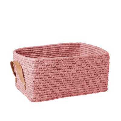 Rice kurv m læderhank, rektangulær - Soft pink