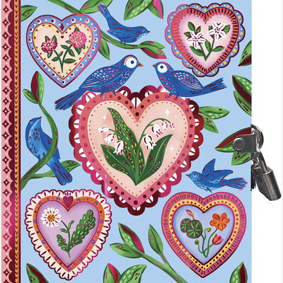 Eeboo dagbog m. lås, Hearts & Birds